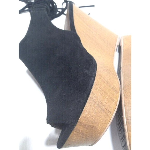 Qupid Platform Wedge Fringed Heel Sandal Black Suede Leather Elastic Back - Picture 10 of 12